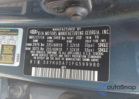 2015 Kia Sorento Ex V6 из США, поврежденный, VIN 5XYKUDA71FG599980